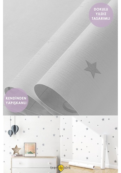Trendpoint Kendinden Yapışkanlı 60cm 100cm Beyaz Yıldızlı Duvar Kağıdı Dolap Çocuk Odası Kaplama