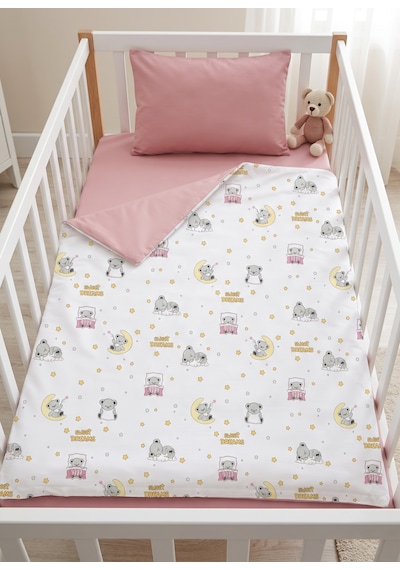%100 Pamuklu Sweet Dreams Sevimli Koala Desenli 3 Parça Bebek Nevresim Takımı - Pembe 3'lü Bebek Uyku Seti Pembe - Beyaz