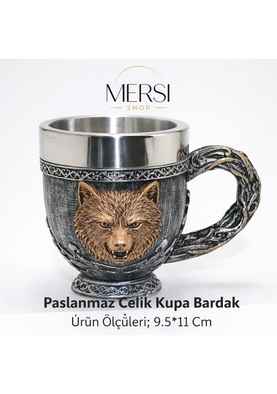 Mitolojik Ayı Figürlü 3d Kabartmalı Paslanmaz Çelik Kupa Bardak Dekoratif Viking Tarzı Kupa Gri - Gümüş