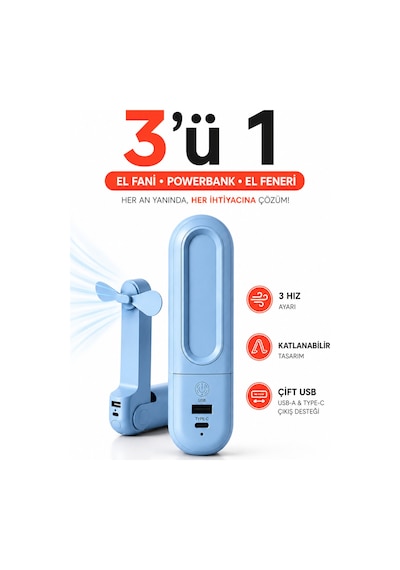 El Fanı Katlanabilir Powerbank Özellikli Fenerli Şarjlı Sogutucu El Fanı Vantilatör