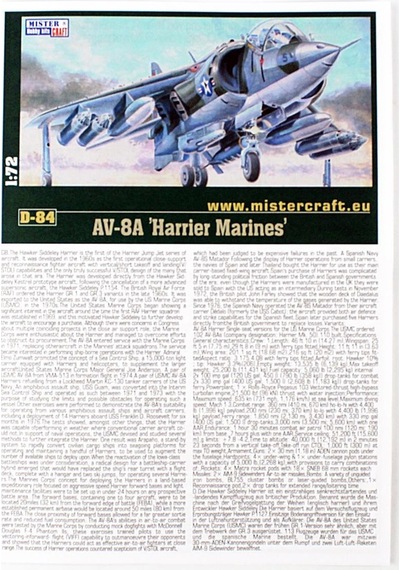 Mistercraft D084 1/72 Av-8a Harrier Marines Savaş Uçağı Plastik Model Kiti-56307