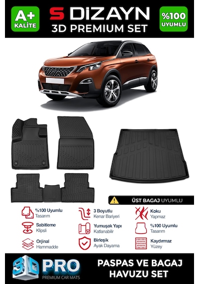 S-dizayn Peugeot 3008 3d Pro Havuzlu Paspas Ve Üst Bagaj Havuzu Seti 2'li Set 2016-2023 A+ Kalite