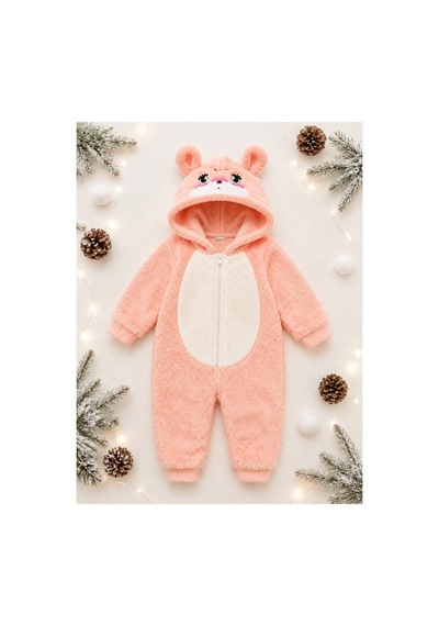 Tatlı Ayıcık Desenli Welsoft Peluş Kapüşonlu Fermuarlı Kışlık Unisex Bebek Tulumu 40197 Somon