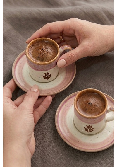 Modern Tasarım 2 Kişilik 4 Parça Porselen Kahve Fincanı Seti - Lale Desenli - Pembe Ve Krem Geçişli Pembe