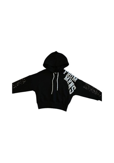 Kız Çocuk Simli Yazılı Kolları Pul Detaylı Crop Sweatshirt-15040 Siyah