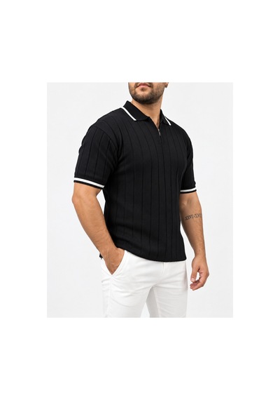 Kıyafet Bayi Erkek Polo Yaka Fitilli Triko Kısa Kollu Tişört Siyah 2xl