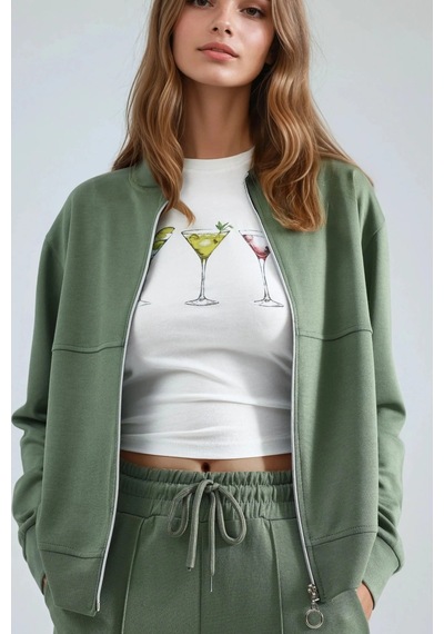 Fiolin Modal Dokulu Fermuarlı Sweatshirt & Nervürlü Pantolon Takımı haki