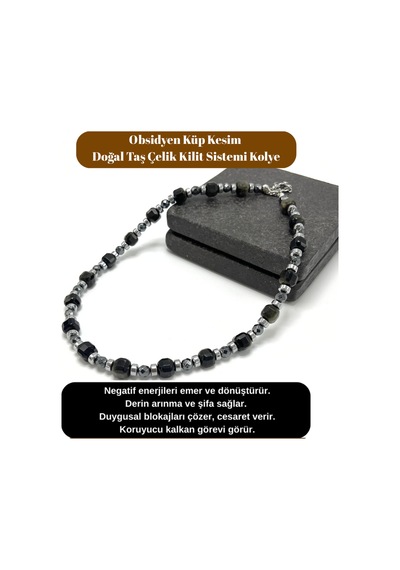 Yıldız Doğal Taş Obsidyen Taşı Küp Kesim Doğal Taş Çelik Kilit Sistemi 8 Mm Kolye Siyah