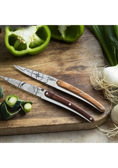 2 Deejo Paring Knives, Olive And Coral Wood / Terra Incognita And Globe Trotter Çok Renkli