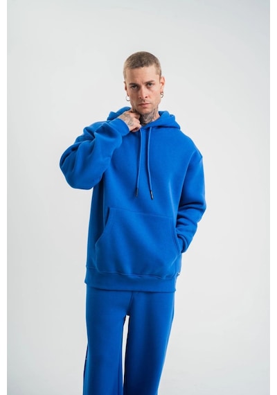 Mbb E-ticaret Erkek 3 İplik Oversize Kapşonlu Basic Sweatshirt Hoodie - Mavi