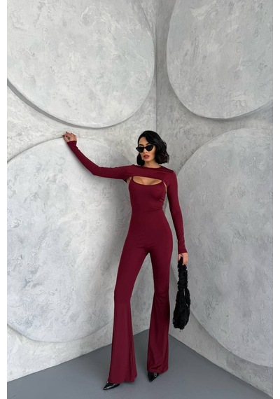 Neşeli Butik Kadın Bordo Bolero Detaylı İspanyol Tulum Nbdf120