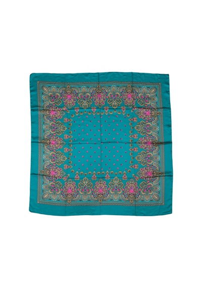 Tikitonki Etnik Çiçek Desenli Saten Yeşil Eşarp - 90x90 Yeşil Yeşil