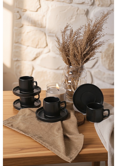 Keramika Mat Siyah Stackable Çay Takımı 8 Parça 4 Kişilik