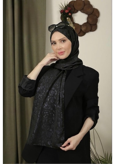 Flora Tekstil Çiçekli Desen İnce Medine İpeği Jakar Şal Siyah