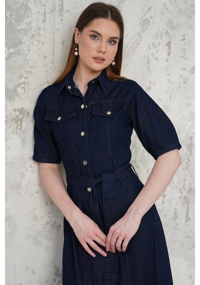 Livanomi Kemerli Denim Elbise Mavi