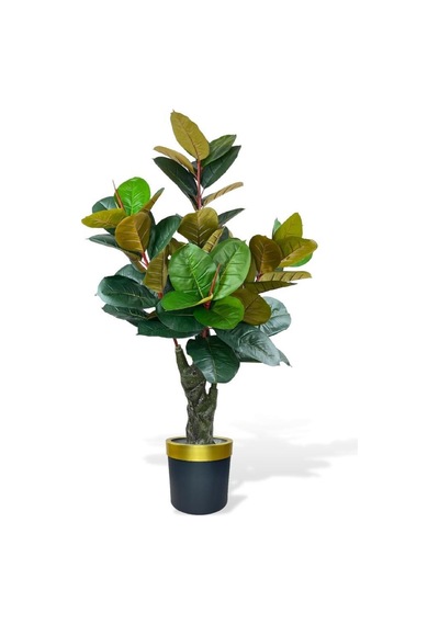 Yapay Ağaç Kauçuk Ağacı Metal Gold Kemerli Saksıda Ficus Elastica Salon Çiçeği 150*90 61 Yaprak