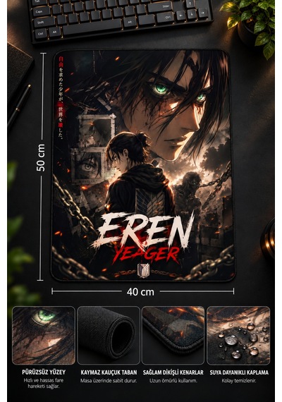 50x40 Cm Aot Eren Yeager Desenli Gaming Oyuncu Mouse Pad Kaymaz Taban Büyük Fare Altlığı