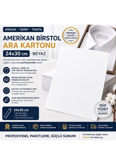 Premium Beyaz Gömlek Ara Kartonu 24x30 Cm 500'lü Kazak, Tişört Ve Tekstil Ürünleri İçin