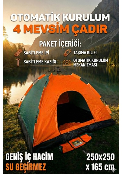 Çadır Su Geçirmez Pratik Geniş Otomatik Kurulumlu Kamp Çadırı 8 Kişilik 250x250x165 Cm Çok Renkli