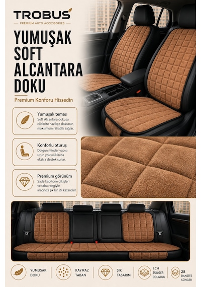 Opel Astra 2000-2004 Üniversal Soft Alkantra Kare Desen 7 Parça Oto Koltuk Minderi Taba