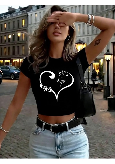 Tarzsokak Karikatür Kedi Kalp Baskılı Bayan Kırpma Üstleri Yaz O-boyun Yumuşak Sokak Şıklığı Seksi İnce Siyah