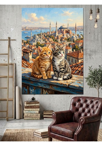 Çatıda İstanbul Manzaralı İki Kedi Dekoratif Kanvas - Mdf Ahşap Tablo Çok Renkli