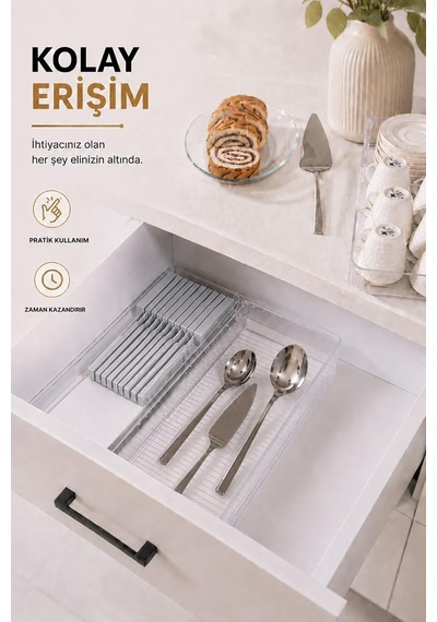 Çekmece İçi Bıçaklık Organizer Bölmeli Mutfak Düzenleyici Gri S-11029 Çok Renkli