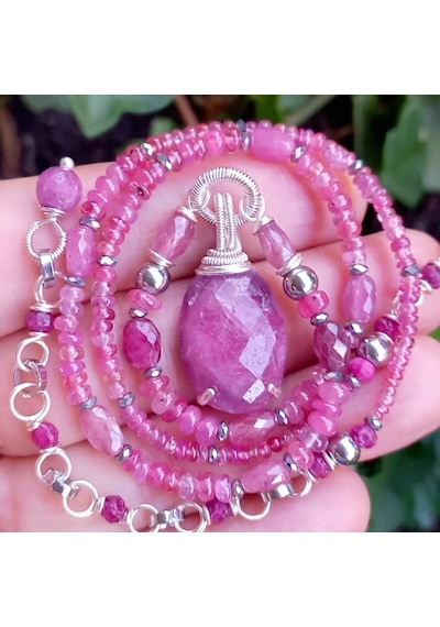 2846 Yakut Spinel Hematit El Yapımı Çelik Aparatlı Kolye 046 - Pembe