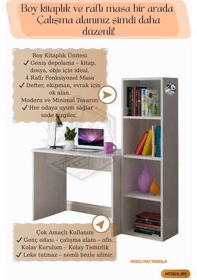 Tamamı Mdf Boy Kitaplıklı 4 Raflı Çalışma Odası Seti