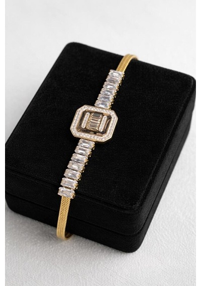 Çelik Kare Zirkon Gold Bileklik Gümüş + Altın