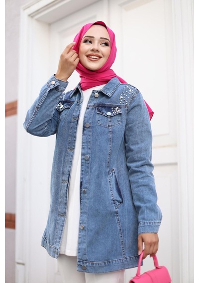 Harman Butik Kadın Boncuk İşlemeli Denim Kot Ceket Kot Mavi Kot Mavi