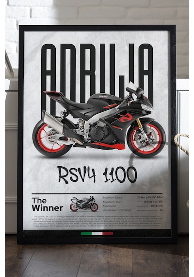 Aprilia Rs V4 1100 Siyah Ahşap Çerçeveli Poster, Dekoratif Motosiklet Duvar Tablosu Çok Renkli