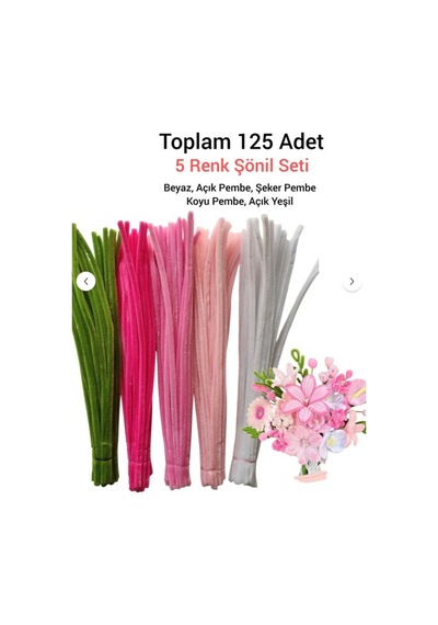 125 Adet 5'li Pembe Tonları Şönil Seti Koyu Pembe, Şeker Pembe, Açık Yeşil, Açık Pembe, Beyaz