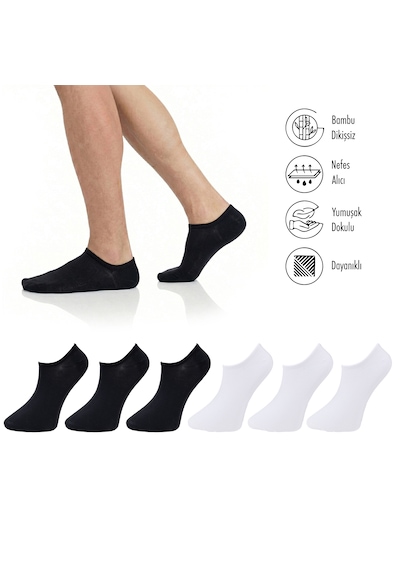Lion Monroe Saf Bambu Erkek Sneaker Siyah - Beyaz Çorap Dikişsiz Görünmez Bilekte Spor Çorap Premium 6'lı L5952aznb Softaura
