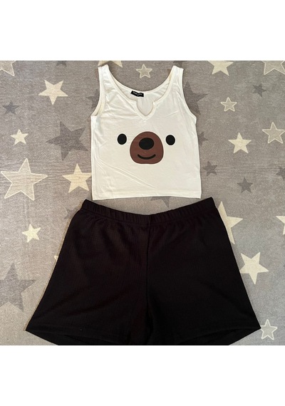 River Island River İsland Ayıcık Desenli Ekstra Dar Kalıp Kadın Pijama Takımı Beyaz - Siyah