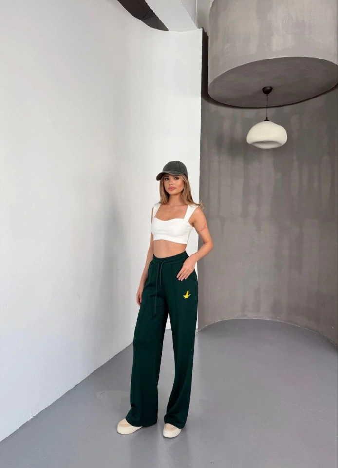 Suma Osy Modal Yumuşak Dokulu Kumaş Nakış Işlemeli Rahat Bol Paça Eşofman Pantalon - Siyah Yeşil