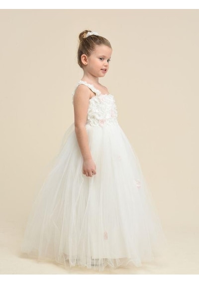 Zekids Kız Çocuk Çiçekli Askılı Uzun Abiye Elbise-13860 Krem