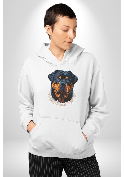 Rottweiler Koca Kafa Kadın Erkek Beyaz Kapüşonlu Sweatshirt Hoodie Beyaz
