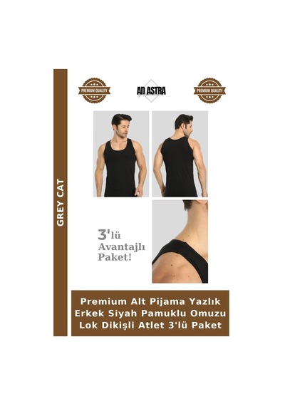 Grey Cat Premium Alt Pijama Yazlık Erkek Siyah Pamuklu Omuzu Lok Dikişli Atlet 3'lü Paket