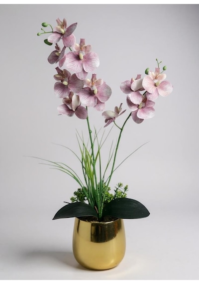 Yapay Çiçek Pudra Pembe Islak Orkide Gold Metal Saksıda Saksıda Orkide 50cm