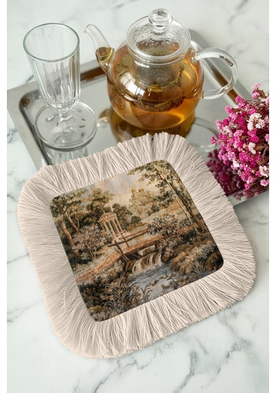 Klasik Şık Saçaklı Kahve Yanı Servis Peçetesi-nostaljik Bahçe Manzaralı Vintage Bej Sunum Mendili Mat Grili Lime