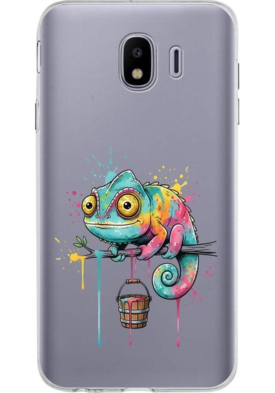 Samsung Galaxy J4 İle Uyumlu Splash Bukalemun Tasarımlı Şeffaf Silikon Kılıf Şeffaf