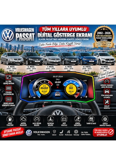 Volkswagen Passat 2002-2026 Model Uyumlu Harici Digital Gösterge Odb Ekran Arıza Göstergesi Turbo Gösterge Hayalet Ekran