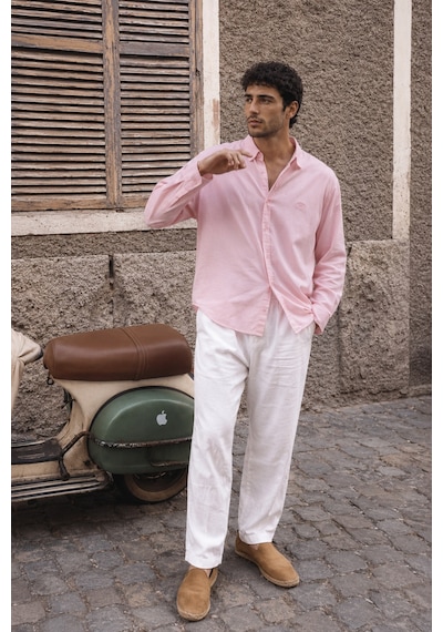 Respire Erkek Minimal Baskılı Oversize Dokulu Gömlek Pembe