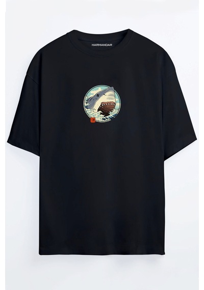 Anime Köpek Balığı Baskılı Oversize T-shirt Siyah