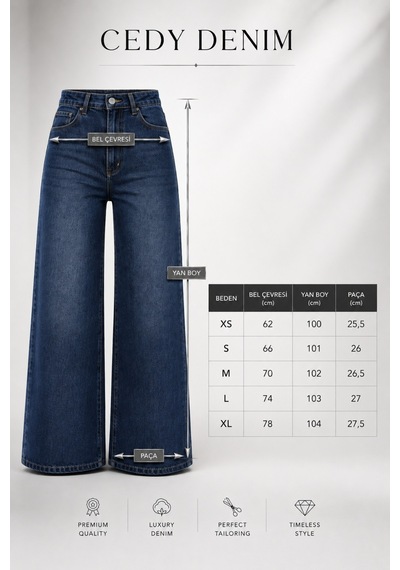 Cedy Denim Cedy Denım Premium Kadın Palazzo Jean Geniş Paça Salaş Mavi Kot Pantolon E7020
