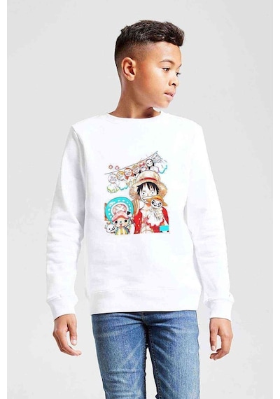 Tshirthane Anime One Piece Luffy Hat Baskılı Unisex Çocuk Beyaz Sweatshirt (534773383) Beyaz