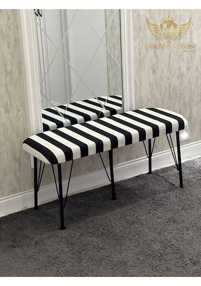 By Hakan Aşkın Siyah Metal Ayaklı Puf & Bench Zebra Siyah Beyaz