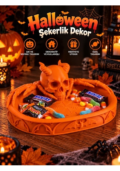 Halloween Cadılar Bayramı Dekoratif Boynuzlu Kuru Kafa Şekerlik Tepsi Masa Üstü Dekor