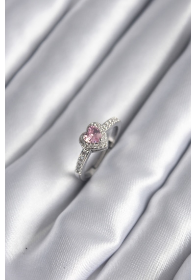 Pirinç Gümüş Renk Pembe Zirkon Taş Kalp Charm Model Kadın Yüzük Altın